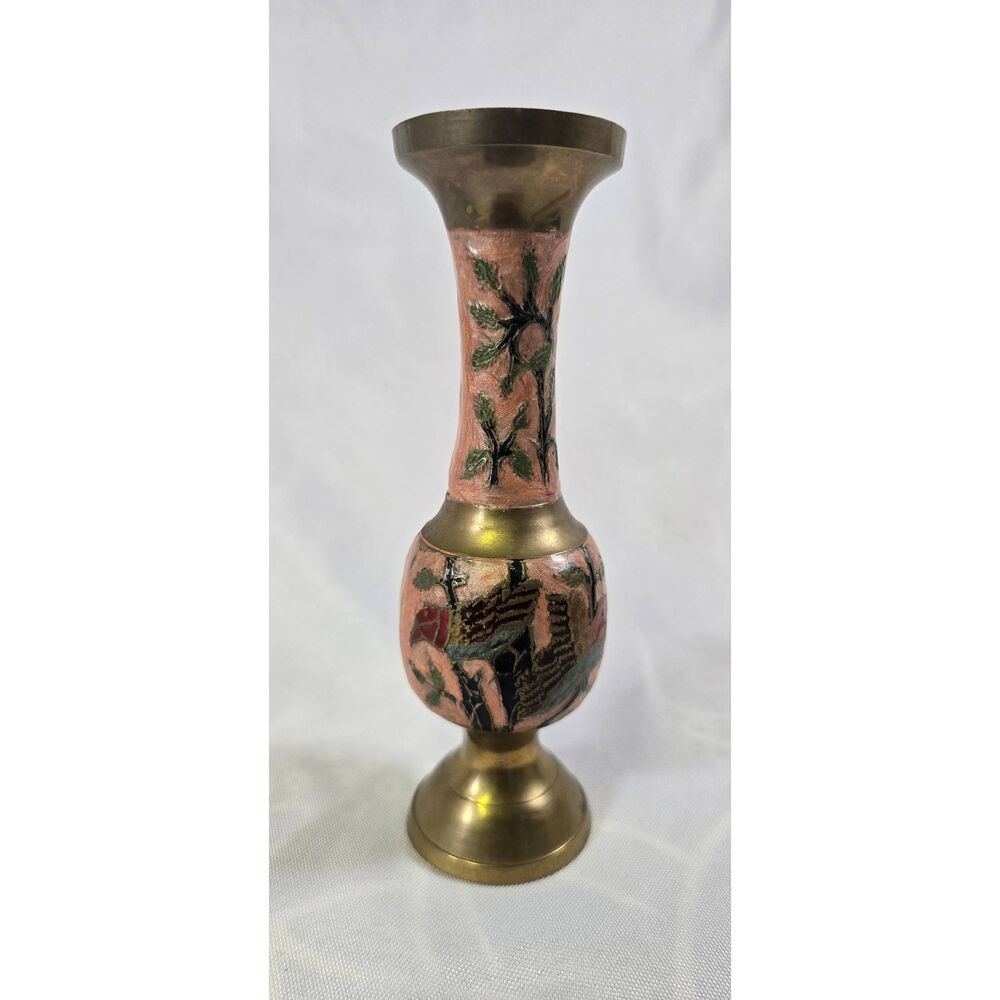Hand-Painted Pink Floral Enamel Vintage Brass Bud Vase